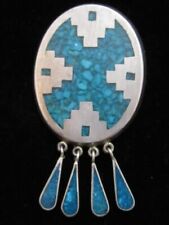 Vintage Signed ACE 925 Mexico Inlaid Turquoise Sterling Silver Dangle Brooch