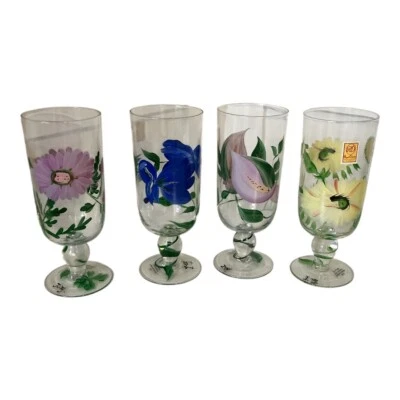 Set of 4 Royal Danube Crystal Hand Painted Garden Flowers Stem Glasses New - Image 1 of 4