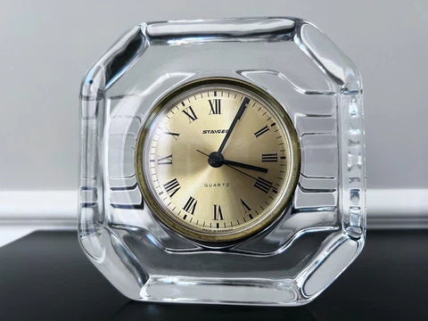 Vintage Staiger 5" Crystal Glass 8 Sided Mantel Desk Quartz Clock Germany EX Cover
