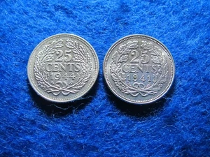 Niederlande 1941 & 1944 Silber 25 Cents - hell unzirkuliert - Bild 1 von 2