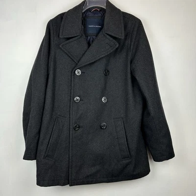 Tommy Hilfiger Mens L Gray Wool Pea Coat Short Coat Double Breasted Anchor - Image 1 of 4