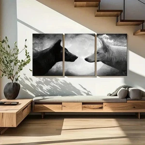 3pcs Black & White Two Wolves Under The Moon Wall Art Canvas Unframed/Framed - Picture 1 of 9