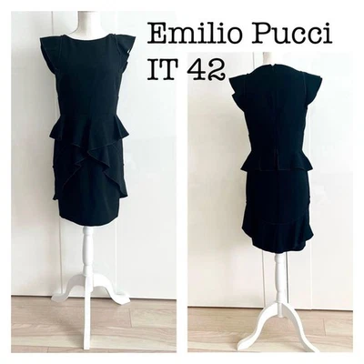 Emilio Pucci Black Virgin Wool Fitted Dress Ruffle Bat neckline Italy 42 - Image 1 of 4
