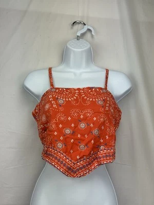 Angie Handkerchief Boho Tank Top Junior Sz S Orange Floral Bandana Cropped NWT - Image 1 of 4