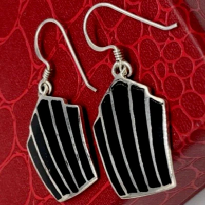 Orecchini Conchiglie Donna Pendenti ad amo Vintage onice nero liscio Argento 925 - Immagine 1 di 4