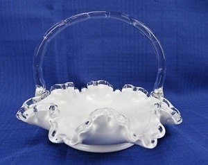 Fenton Glass Silvercrest Basket, White Milk Glass w/Clear Ruffled Edge & Handle - Picture 1 of 12