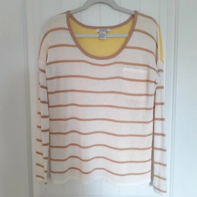 Jamison Linen Blend Scoop Neck Striped Sweater Off White Yellow Size M - Image 1 of 4