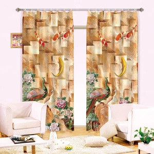 Peacock Gold Fish Flower 3D Blockout Photo Printing Curtains Draps Fabric Window - Picture 1 of 8