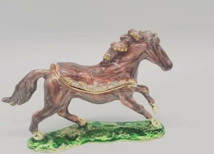 TRINKET BOX  4" Brass Enamel Horse Equestrian Jeweled MAGNETIC CLOSE - Picture 1 of 10