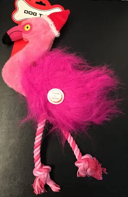 Christmas Santa Hat Plush Pink Flamingo Squeaky Tug Rope Holiday Dog Toy Squeaks - Image 1 of 4