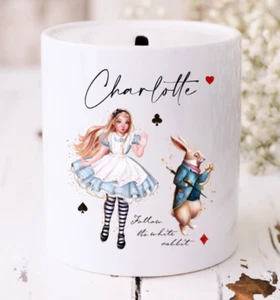 Personalised Ceramic Alice in Wonderland & White Rabbit Money Box Savings Jar - Picture 1 of 3