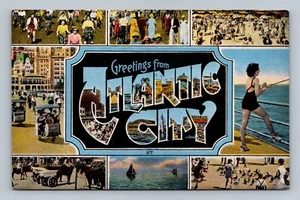 Large Letter: Greetings From Atlantic City, N.J, Linen Postcard - Picture 1 of 2