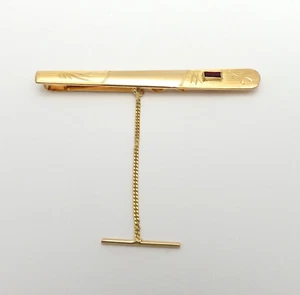 Solid 18k Gold Tie Clip Bar July Birthstone Hand Etched Synthetic Ruby 750 Italy - Picture 1 of 9
