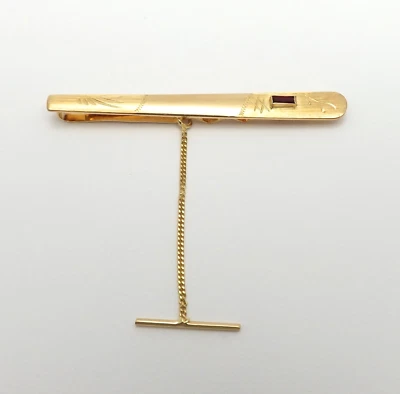 Solid 18k Gold Tie Clip Bar July Birthstone Hand Etched Synthetic Ruby 750 Italy - Image 1 of 4