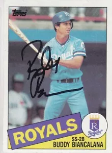 Buddy Biancalana 1985 Topps Serie Mundial Campeón KC Reales TARJETA FIRMADA AUTOGRAFIADA - Imagen 1 de 1