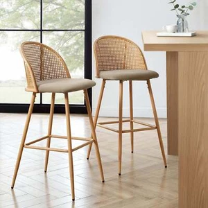 Dusk Phoebe Sand Velvet & Natural Wood Set of 2 Barstools RRP £219 - Picture 1 of 6