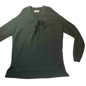 Ruff Hewn Green Cable Knit Ribbed Tie Front V Neck Pullover Sweater Womens Large - Picture 1 of 7
