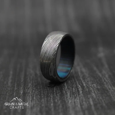 Damascus Steel Men Blue Wood Wedding Band, Men Unique Engagement Ring - Image 1 of 4