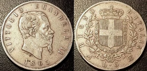 Italie - Vittorio Emanuele II - 5 lire argent 1865 N, Naples ! KM#8.2 - Picture 1 of 1