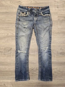 Rock Revival Jeans Womens 27x24 Blue Meri Crop Low Rise Rhinestone Distressed - Picture 1 of 15