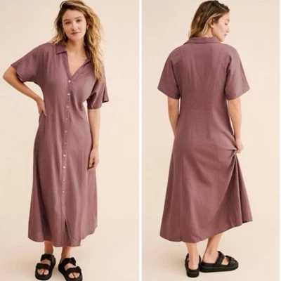 Madewell Carmine Linen Button Front Short Sleeve Midi Shirt Dress 6 Chalked Fig - Image 1 of 4
