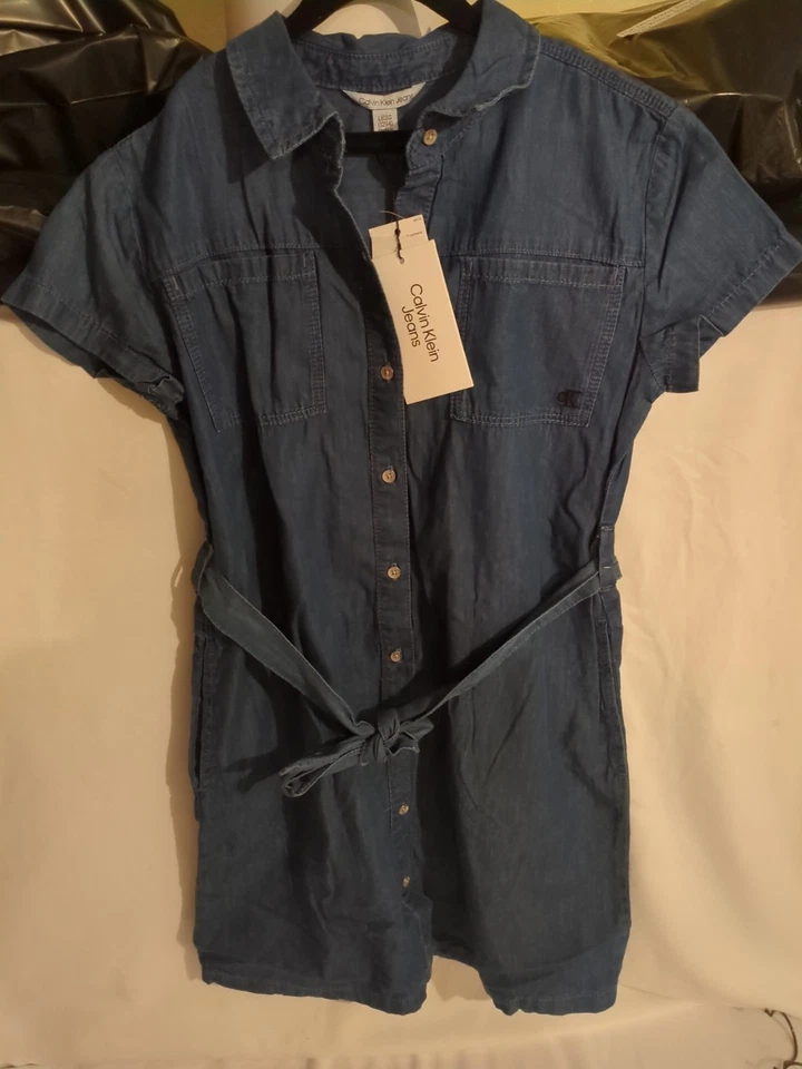 CALVIN KLEIN JEANS NEW KIDS GIRLS SHORT SLEEVE FRONT CLOSURE DENIM DRESS L 12/14 - Image 1 of 4