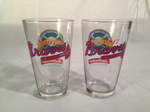Lot Of 2 1997 Atlanta Braves Turner Field Budweiser Pint Glasses 6" Tall Cover