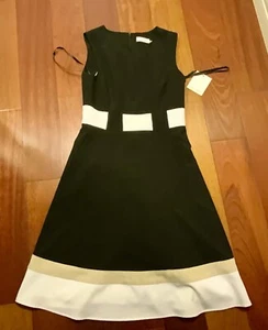 Calvin Klein Dress Color Block Belt Fit Flare Black/ White Sleeveless - Picture 1 of 3