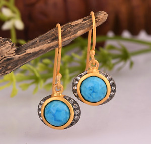 Turquoise And Cubic Zirconia Gold Plated Brass Dangle Hook Earrings Jewelry