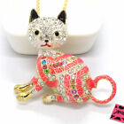 Fashion Women Pink Enamel Cute Cat Animal Crystal Pendant Sweater Chain Necklace