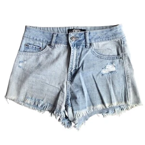 REWASH Light Wash Railroad Stripe Patchwork High Waisted Denim Jean Shorts 5 27 - Picture 1 of 4