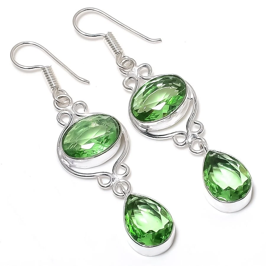 Brinco de prata esterlina 925 feito à mão com pedra preciosa de ametista verde tamanho 2" - Imagem 1 de 1