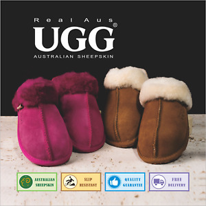UGG Real Aus 100% Australian Sheepskin Wool Women Slippers Chestnut Mulberry