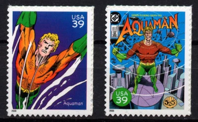 USA, SCOTT # 4084H & 4084R, SET OF 2 AQUAMAN & COVER OF AQUAMAN, MNH - Image 1 of 2