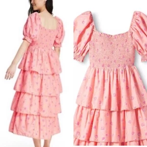 LoveShackFancy Women's Miri Pink Smocked Midi Floral Print Dress Size Small - Picture 1 of 6