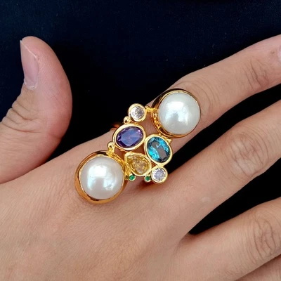 Anillos románticos para mujer de perlas naturales anillo ajustable multicolor circonita Foto 1 de 4