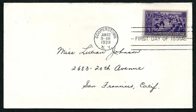 USA, SCOTT # 855, FDC COVER - BASEBALL GAME WITH ADDRESS, YEAR 1939 - Image 1 of 2
