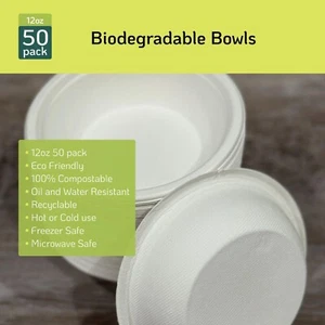 ECOLipak 50 Pack 12 oz Paper Bowls, Disposable Compostable 12 OZ, 12OZ-White - Picture 1 of 2