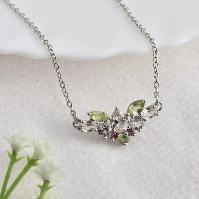 MORGANITE,PINK TOURMALINE, PERIDOT RHODIUM PLATED 925SILVER PENDANT JEWELRY GIFT - Image 1 of 4