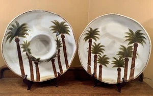 Lot Of 2 Retired Tabletops 14” FIJI Serving Trays: Hand-painted Palm Trees Beach - Picture 1 of 15