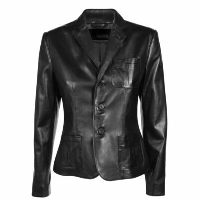 Women's Black Genuine Lambskin Leather Three Button Classic Blazer Casual Coat - Image 1 of 4