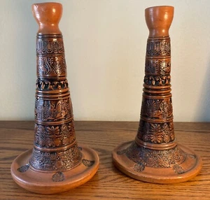 Par de CANDELABROS VINTAGE TERRACOTA PRIMITIVOS 8" Hecho en Grecia - Imagen 1 de 6