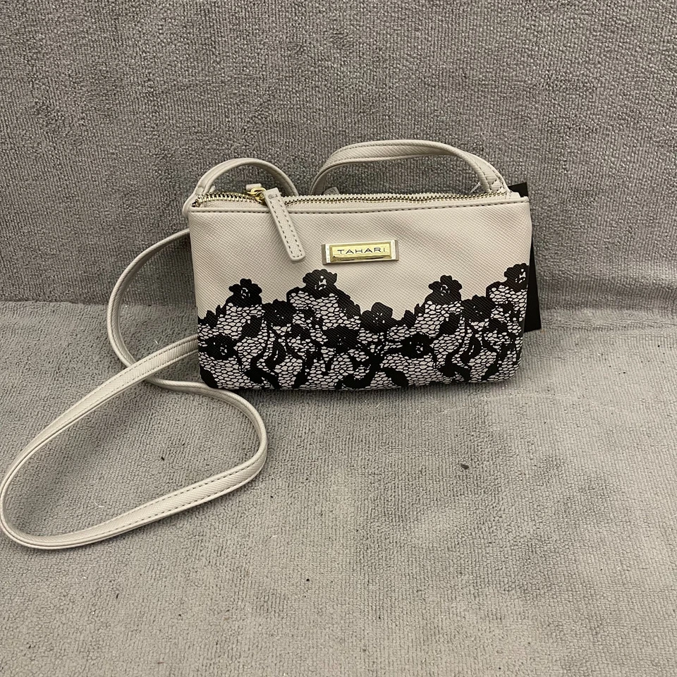 Tahari Womens Gray Textured Double Zip Cross Body Long Strap Bag Purse Small