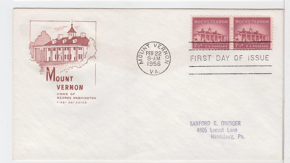 TurtlesTradingPost - Mount Vernon- 1-1/2 Cent  #1032 1956 FDC Farnam Cachet - Image 1 of 1