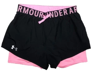 Under Armour Girls Shorts Youth L YL Biker Lining Running Black Pink - Picture 1 of 8