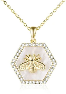 925 Sterling Silver Bumble Bee Pendant Chain Necklace Pearl Shell with Gift Box - Picture 1 of 7