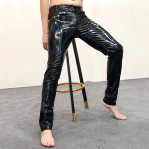 Pantalones de cuero sintético brillante para hombre con láser holográfico escenario club de baile - Imagen 1 de 12