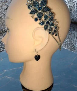 VINTAGE EARRING Pierced Black Faceted Glass Crystal Heart Silver Tone RETRO Goth - Picture 1 of 12