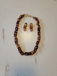 Vintage 70s Brown Lucite Chain Link Necklace Earrimgs Set Costume Estate Jewelry - Picture 1 of 8