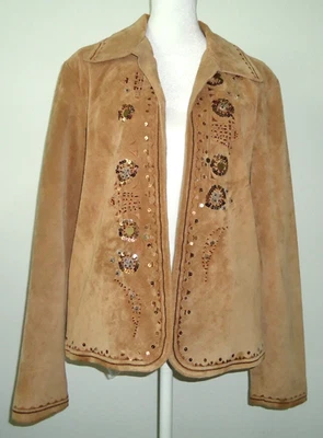 Chaqueta de cuero de gamuza beige para mujer Chico adornos cuentas lentejuelas talla-1 Foto 1 de 4